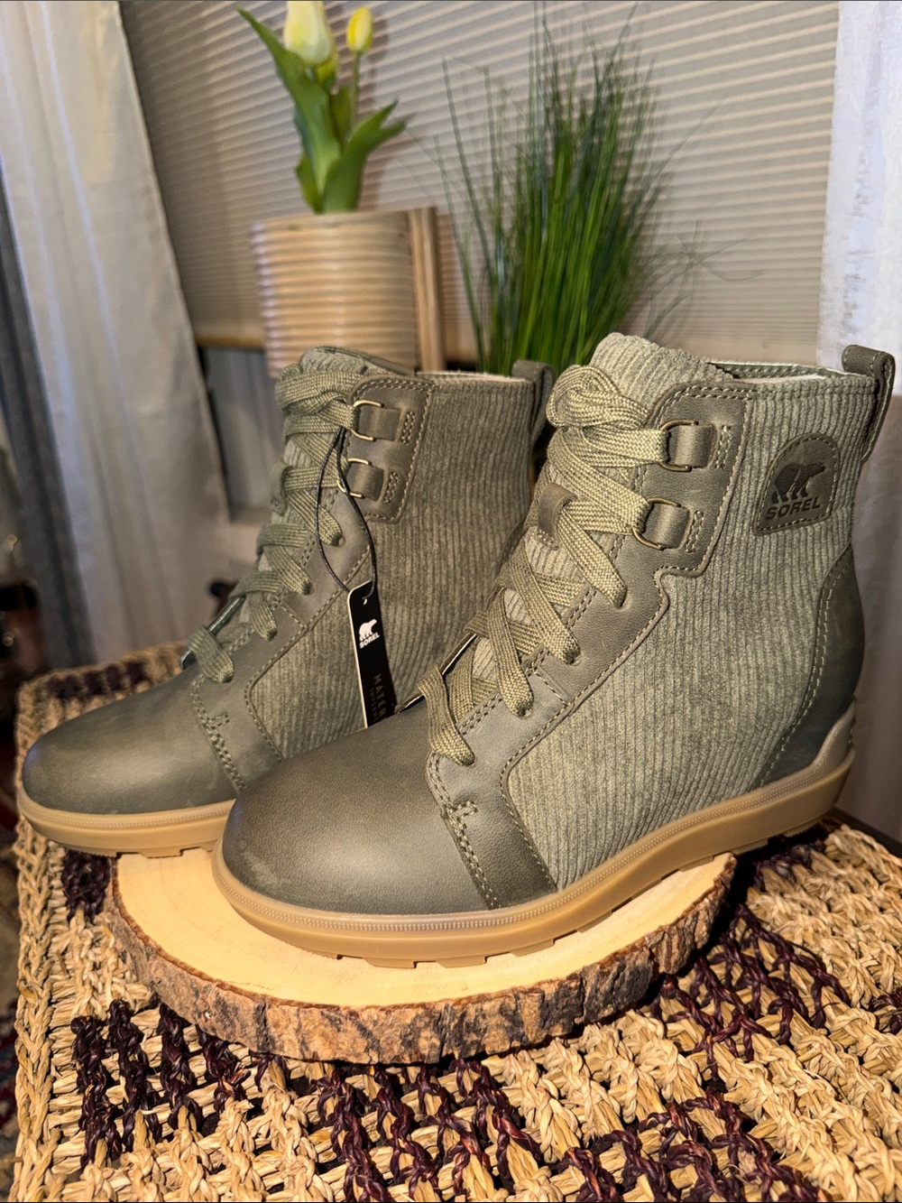 SOREL Evie II NW Lace Plus Waterproof Wedge Boots Stone Green Women’s 5 NEW